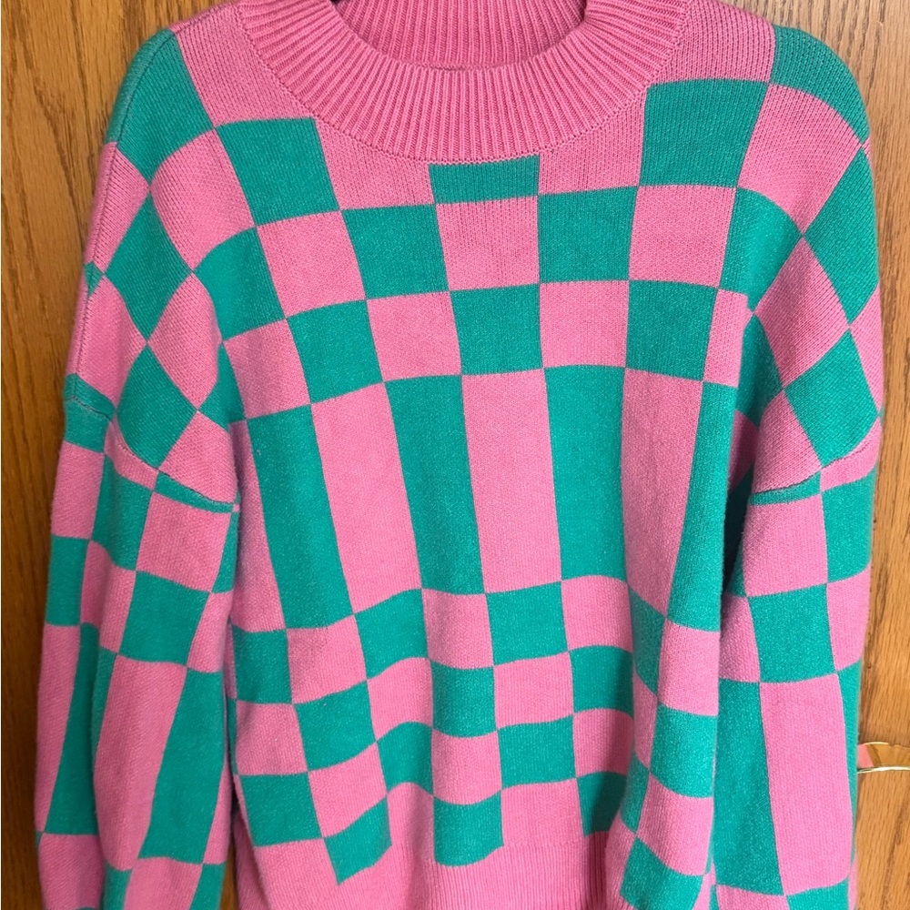 Pink and Teal Checkerboard Knit Sweater